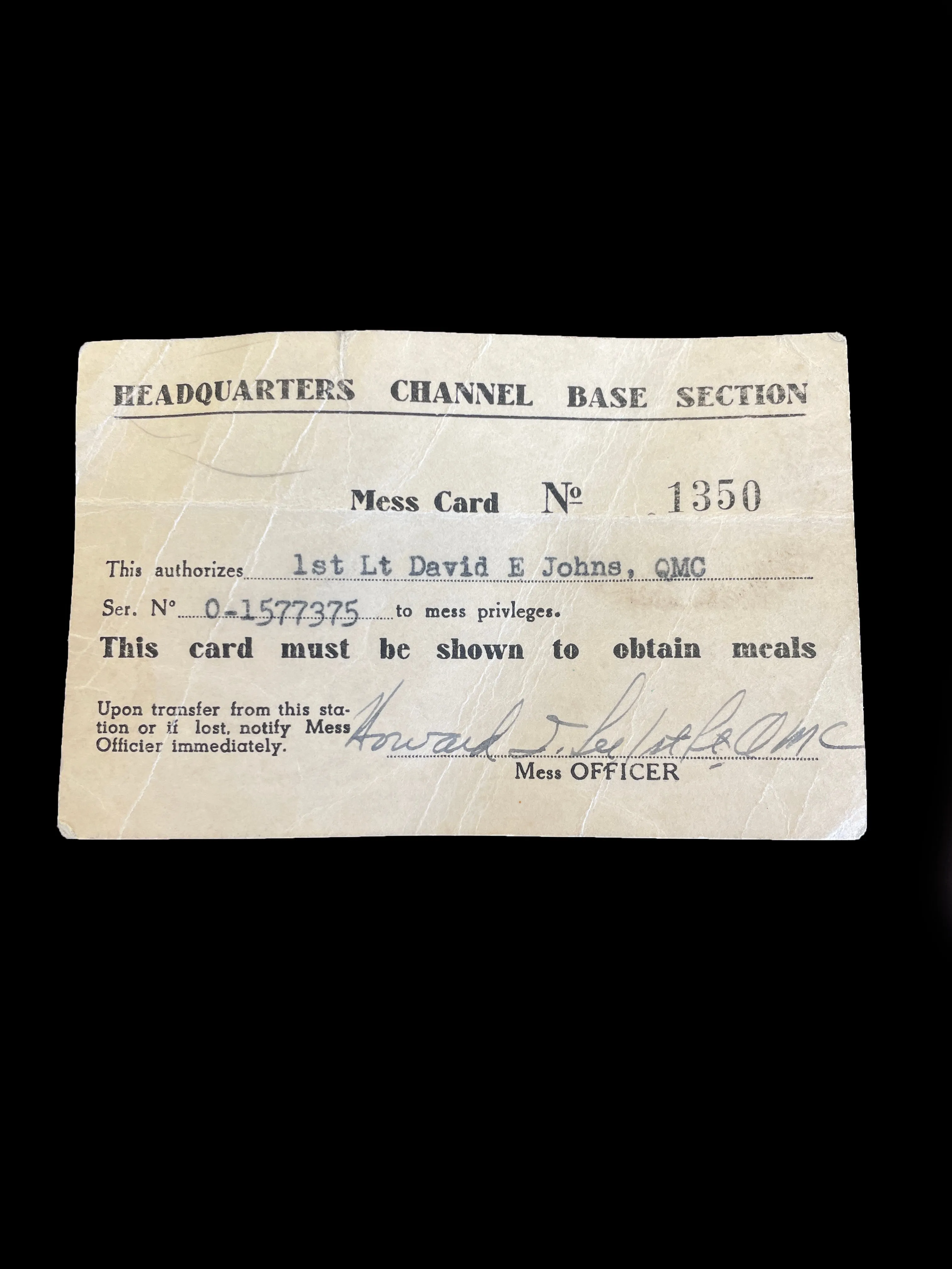 1946 Rolex Pre-Daytona Chronograph (Ref. 3525) "POW" W/ Original Owners Military Mess Card