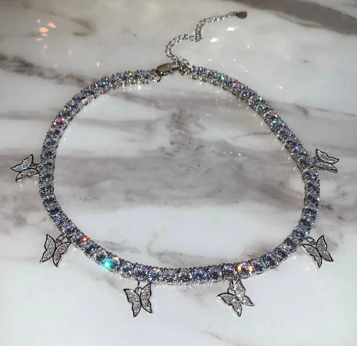 2 piece SET BLUE cuban  butterfly tennis choker , cz tennis butterfly necklace ,PINK cuban bling iced tennis butterfly, butterfly necklace