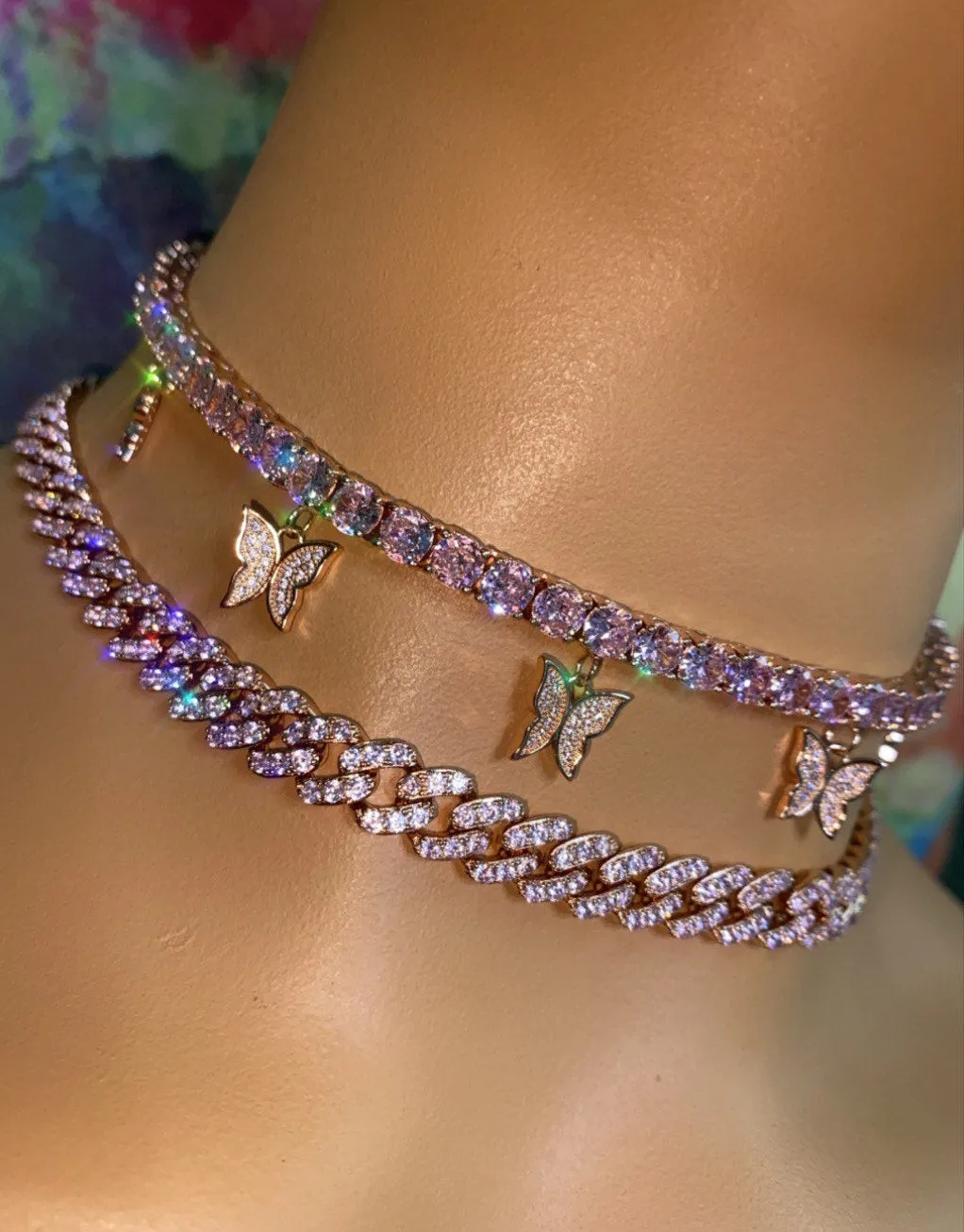 2 piece SET BLUE cuban  butterfly tennis choker , cz tennis butterfly necklace ,PINK cuban bling iced tennis butterfly, butterfly necklace