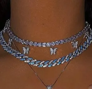 2 piece SET BLUE cuban  butterfly tennis choker , cz tennis butterfly necklace ,PINK cuban bling iced tennis butterfly, butterfly necklace