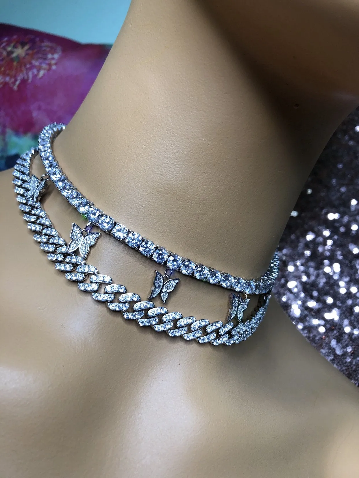 2 piece SET BLUE cuban  butterfly tennis choker , cz tennis butterfly necklace ,PINK cuban bling iced tennis butterfly, butterfly necklace