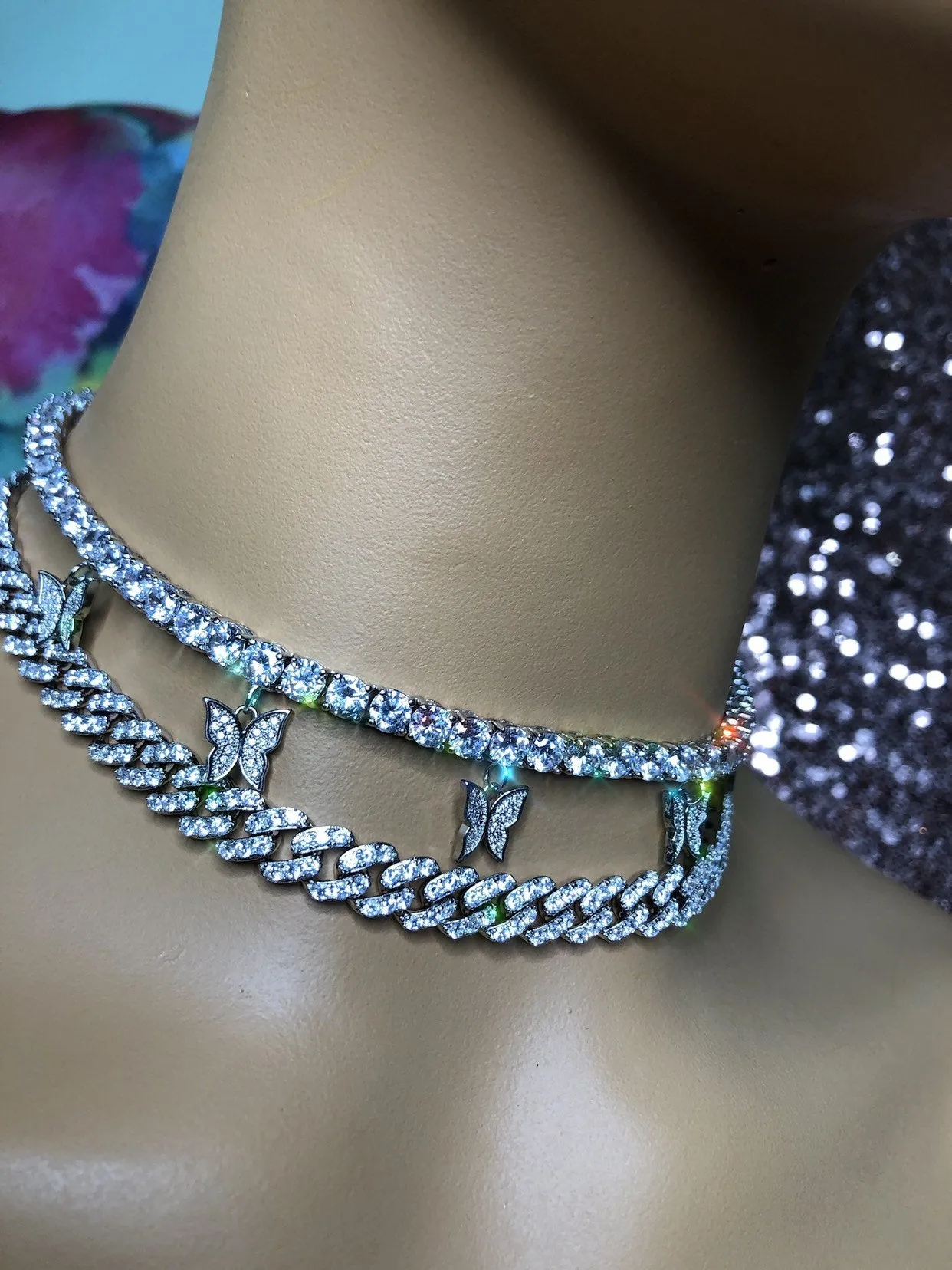2 piece SET BLUE cuban  butterfly tennis choker , cz tennis butterfly necklace ,PINK cuban bling iced tennis butterfly, butterfly necklace