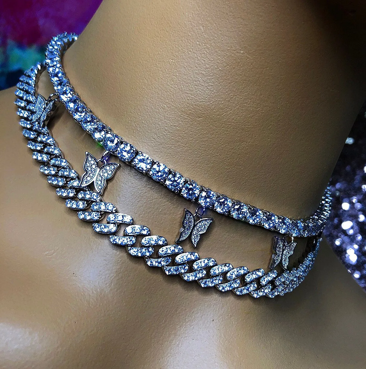 2 piece SET BLUE cuban  butterfly tennis choker , cz tennis butterfly necklace ,PINK cuban bling iced tennis butterfly, butterfly necklace