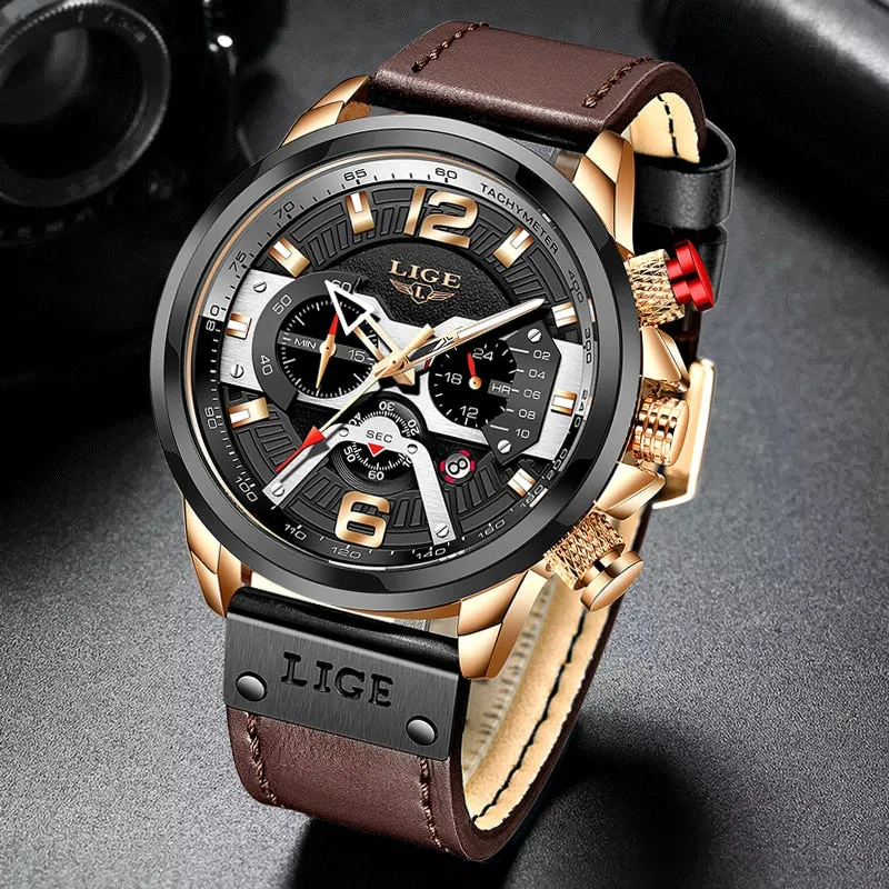2023 New Mens Watches LIGE Top Brand Leather Chronograph Waterproof Sport Automatic Date Quartz Watch For Men Relogio Masculino