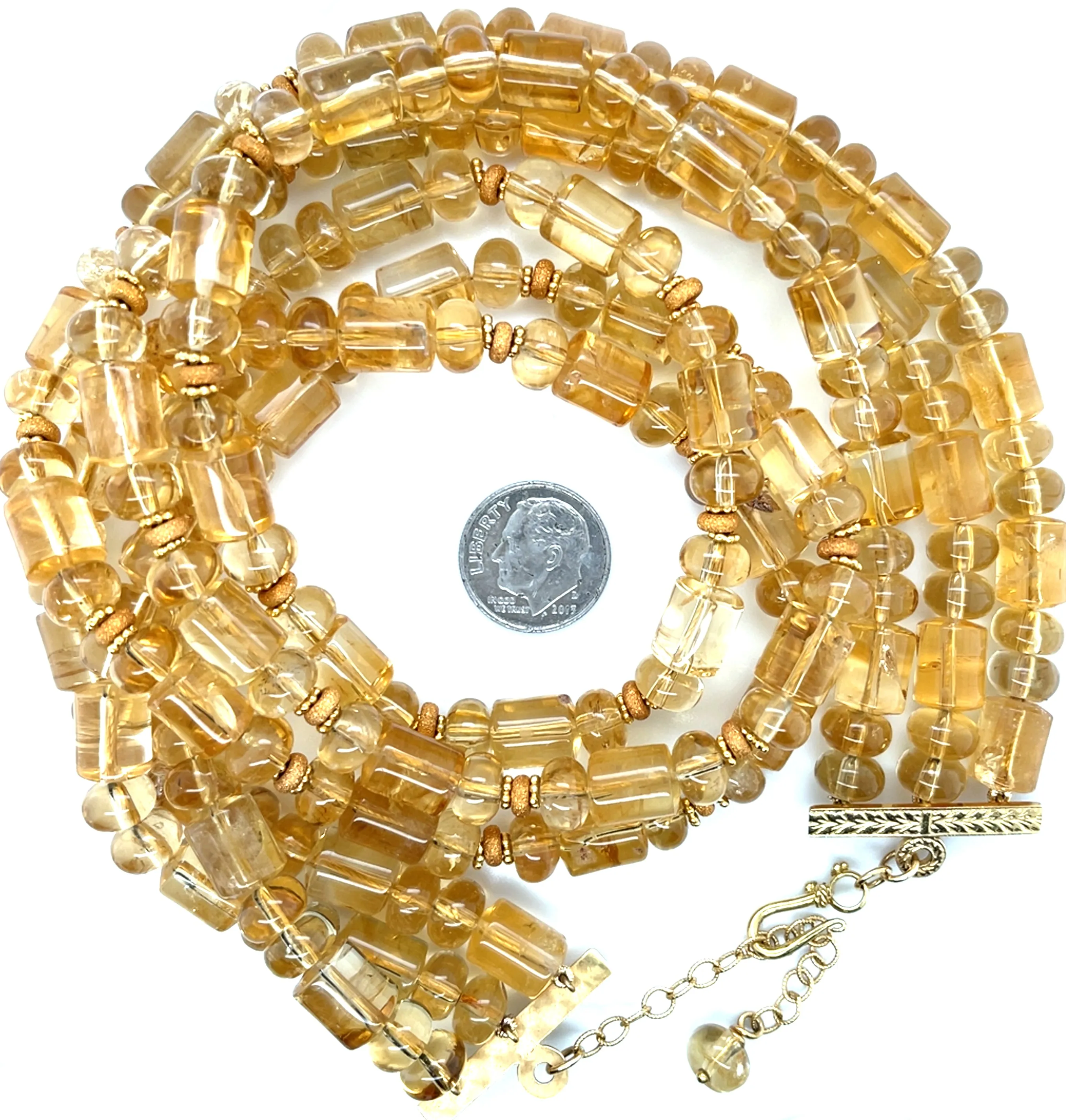 3-Strand Citrine Rondelle and Barrel Shaped Bead Necklace w/ 14k and 18k Gold