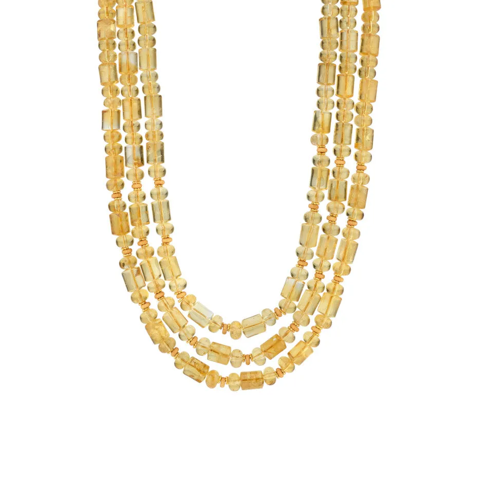 3-Strand Citrine Rondelle and Barrel Shaped Bead Necklace w/ 14k and 18k Gold
