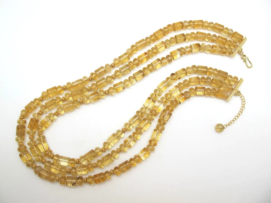 3-Strand Citrine Rondelle and Barrel Shaped Bead Necklace w/ 14k and 18k Gold