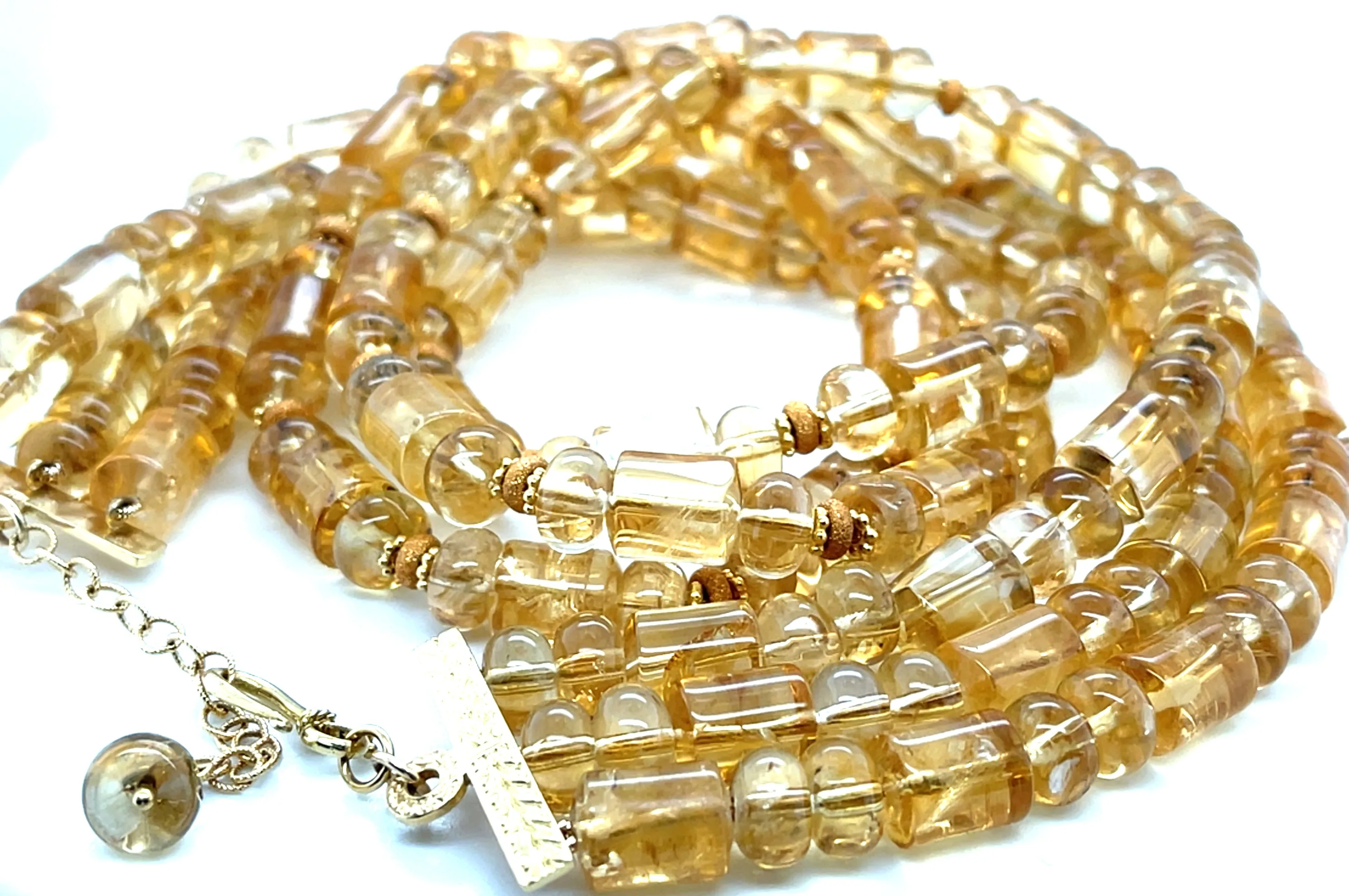 3-Strand Citrine Rondelle and Barrel Shaped Bead Necklace w/ 14k and 18k Gold