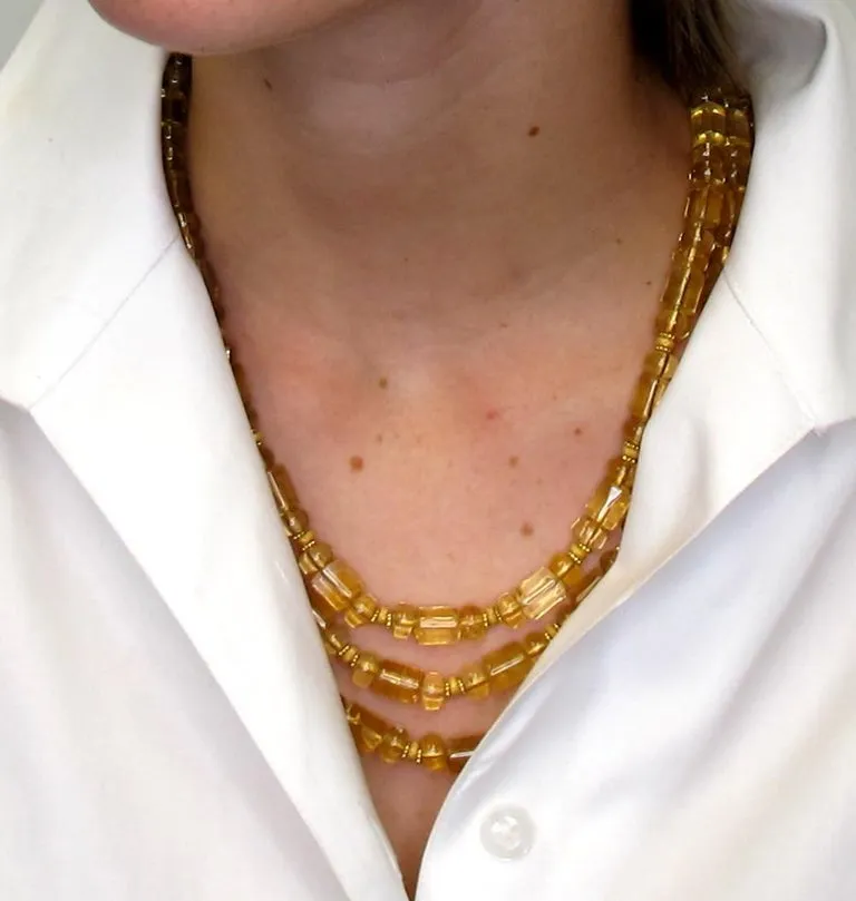 3-Strand Citrine Rondelle and Barrel Shaped Bead Necklace w/ 14k and 18k Gold