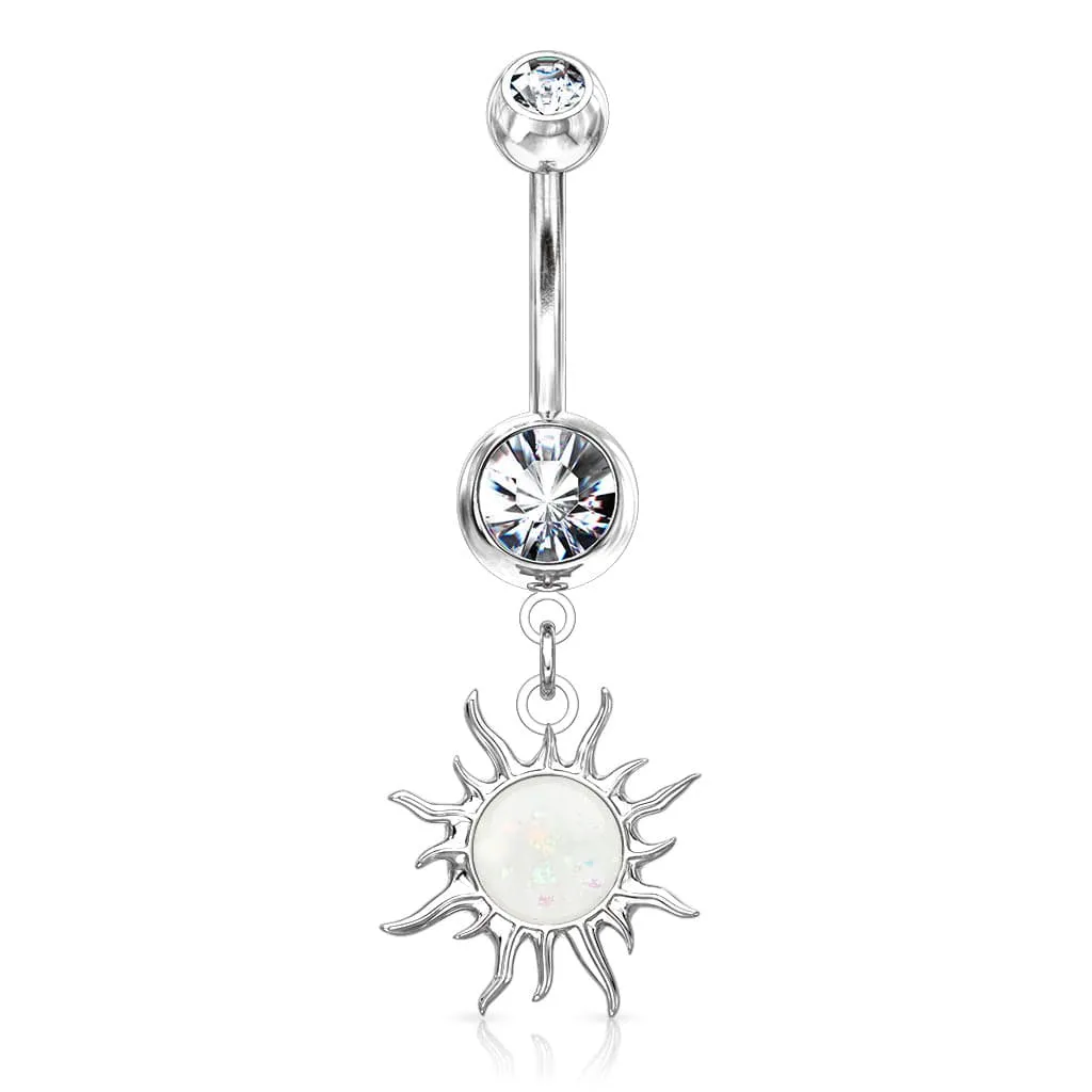 316L Surgical Steel White Glitter Opal Tribal Sun Belly Button Ring