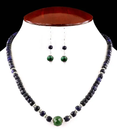 4 mm-5 mm Faceted Blue Sapphire Necklace With Emerald Bead