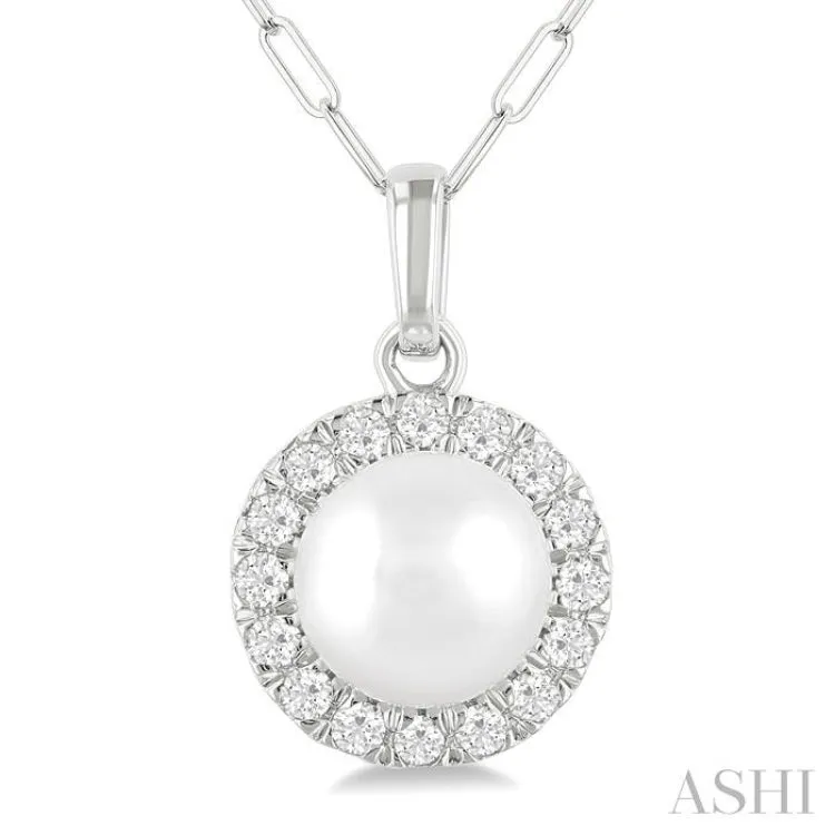 6 MM Cultured White Pearl and 1/6 ctw Single Cut Diamond Halo Pendant With Chain in 10K White Gold