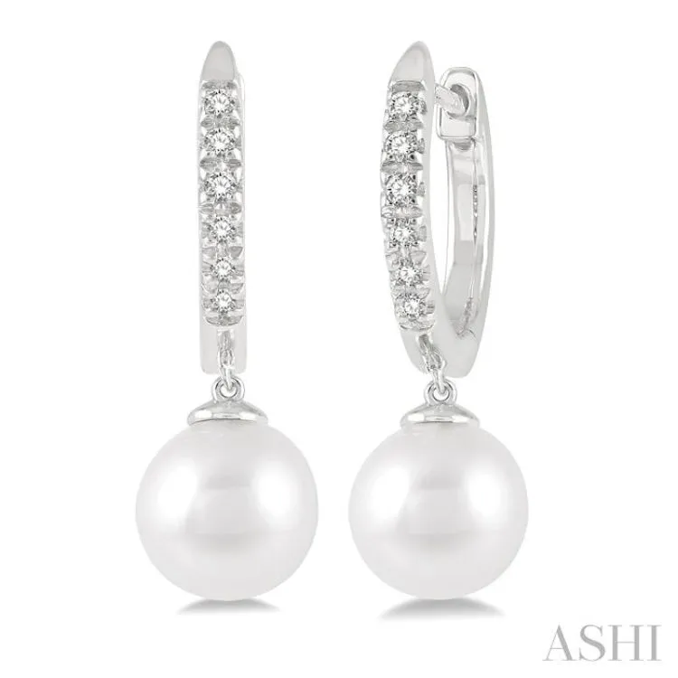 6 MM Round Shape Cultured Pearls and 1/8 ctw Round Cut Diamond Drop Petite Huggie Earrings 14K White Gold