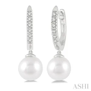 6 MM Round Shape Cultured Pearls and 1/8 ctw Round Cut Diamond Drop Petite Huggie Earrings 14K White Gold