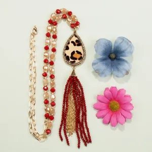 72768 - Animal Print Beaded Tassel Necklace - Red