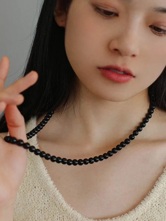 8mm Black Agate Beaded Long Necklace