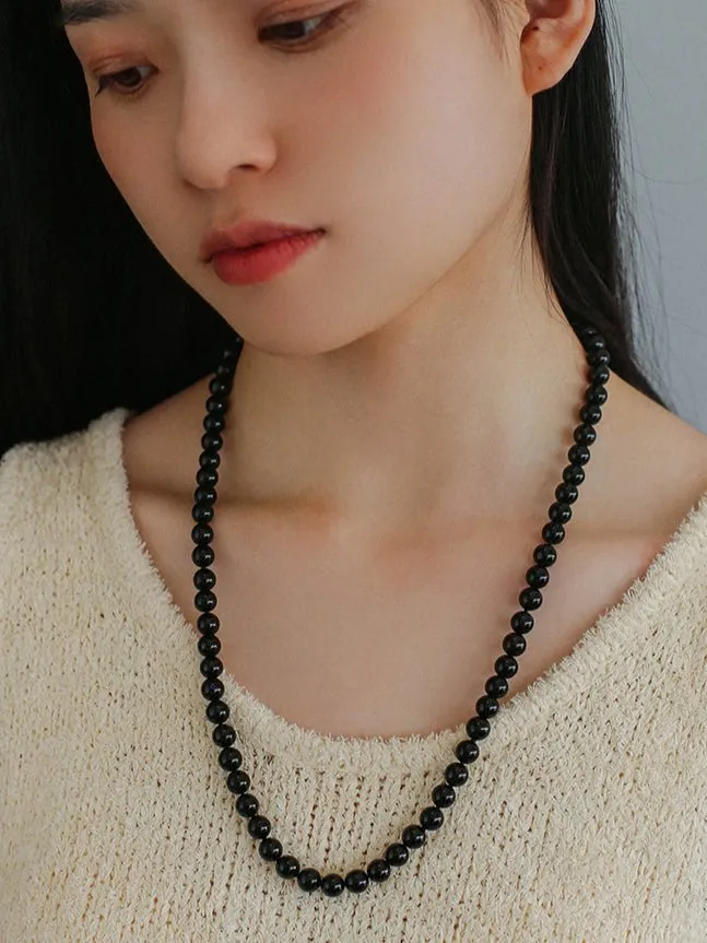 8mm Black Agate Beaded Long Necklace