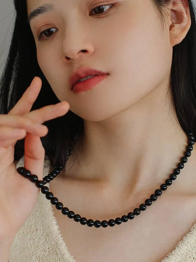 8mm Black Agate Beaded Long Necklace