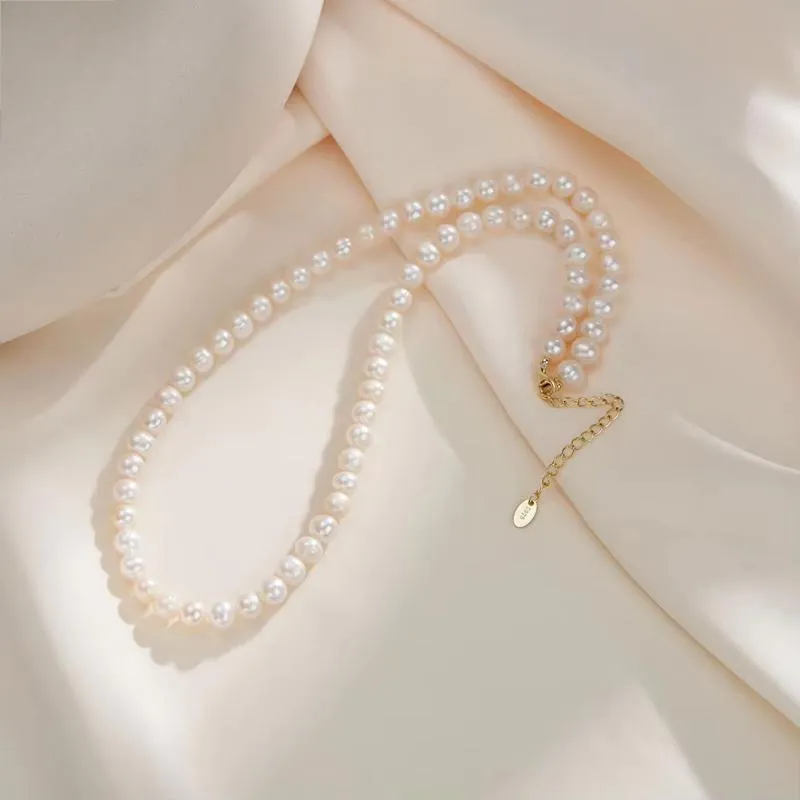 925 Sterling Silver 6-7mm Pearls Beads Choker Chain Freashwater Pearl Necklace for Women