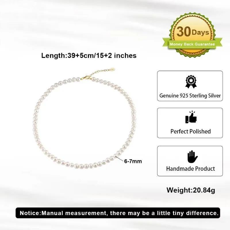 925 Sterling Silver 6-7mm Pearls Beads Choker Chain Freashwater Pearl Necklace for Women