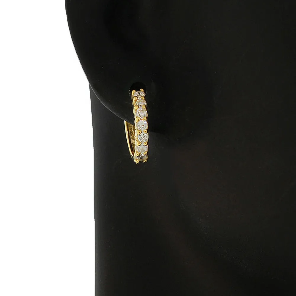 925 Sterling Silver Yellow Gold-Tone White CZ Hoop Huggie Earrings