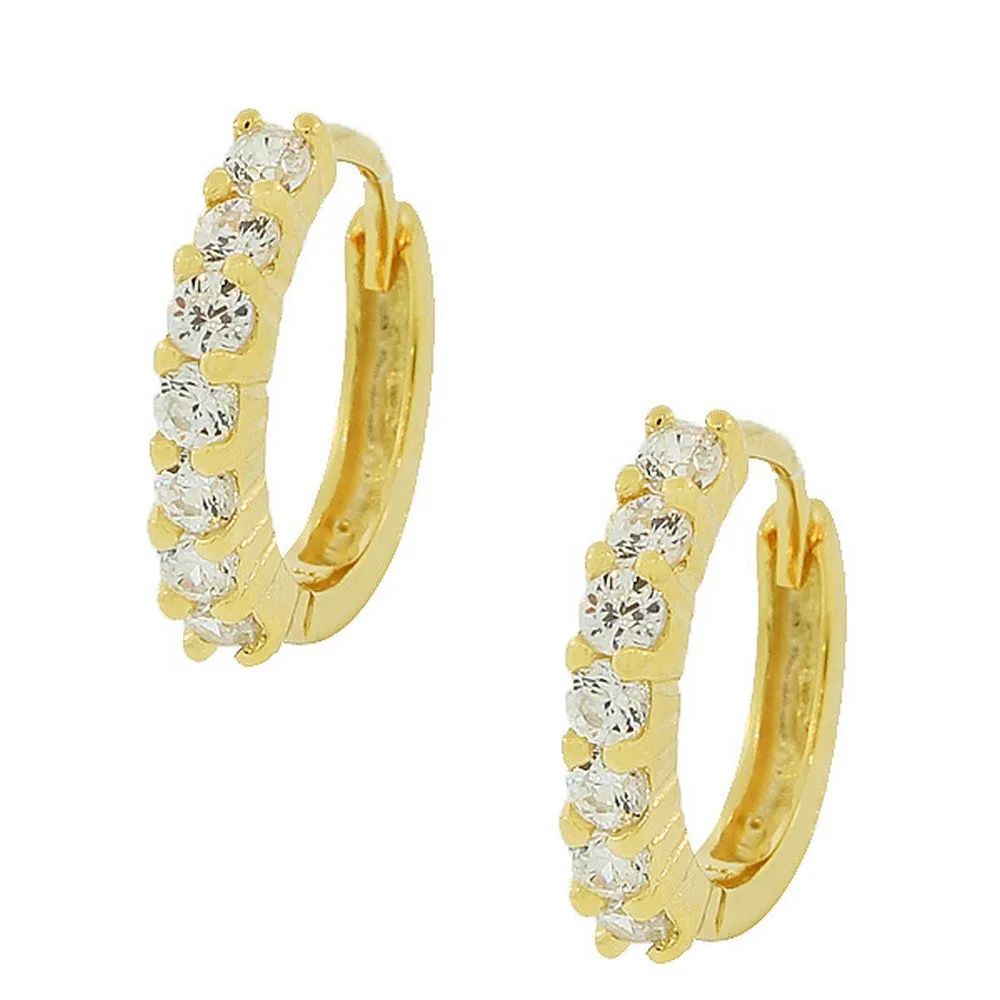 925 Sterling Silver Yellow Gold-Tone White CZ Hoop Huggie Earrings