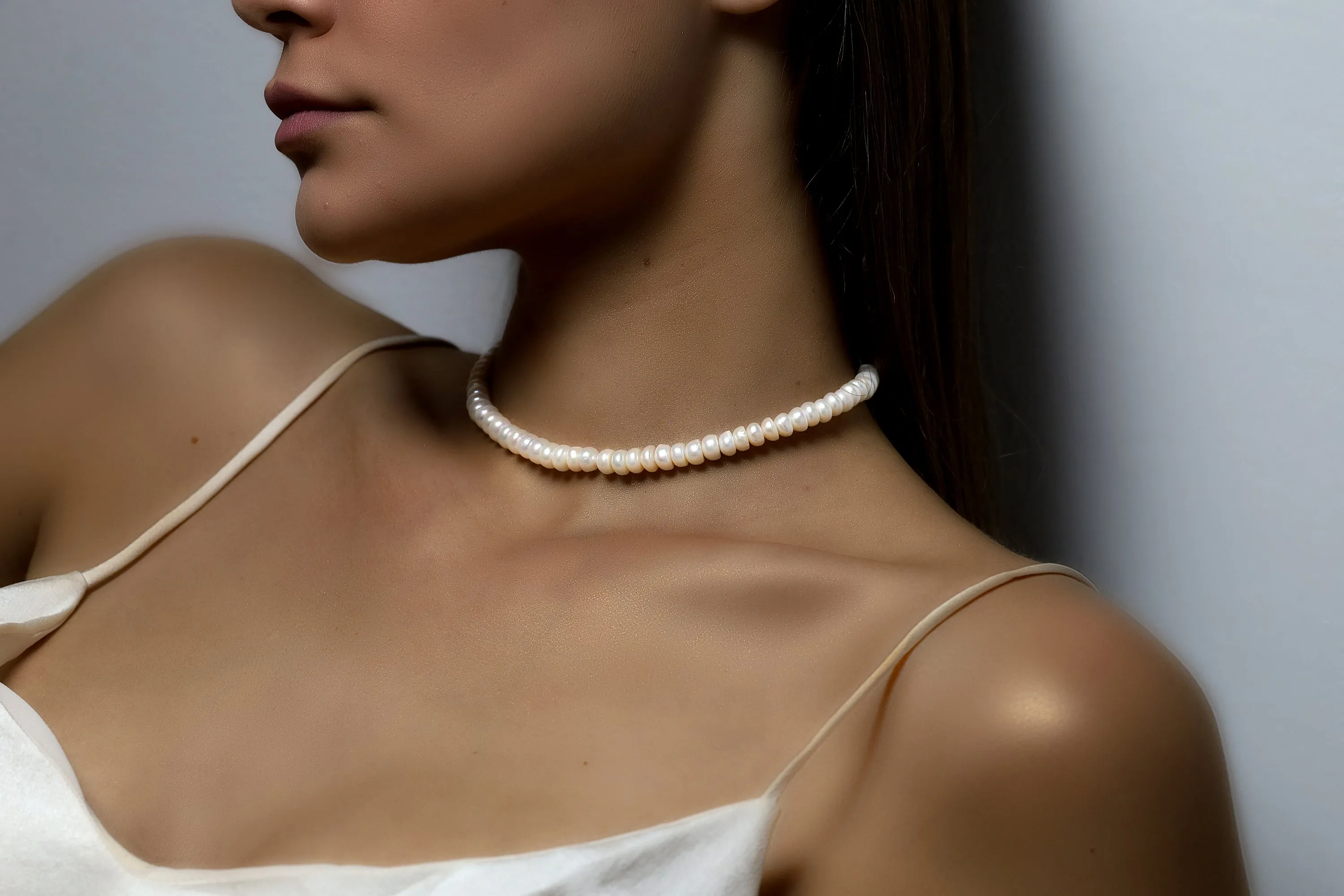 AA Grade Freshwater Rondelle Shaped Pearl Gold Necklace