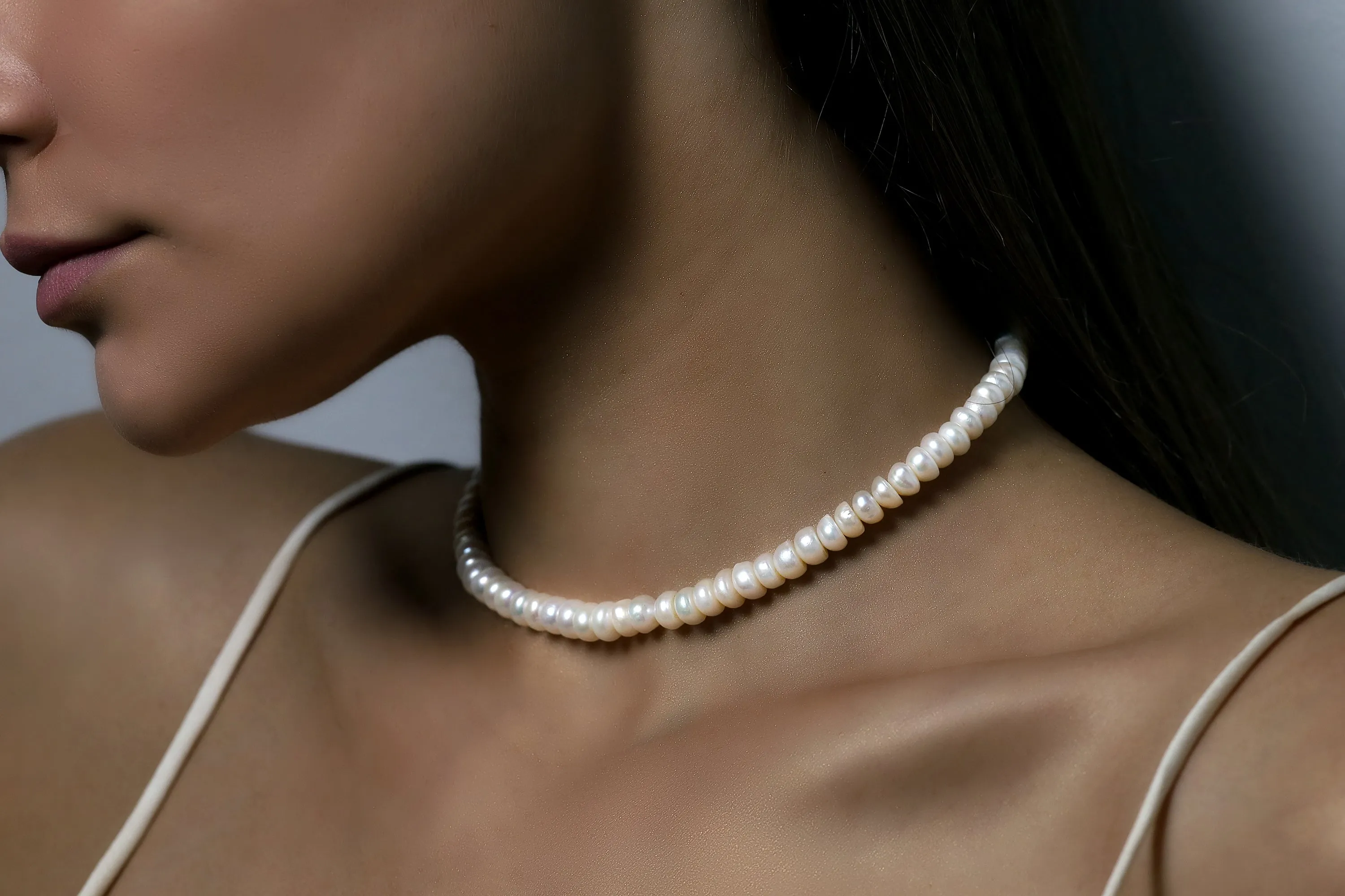 AA Grade Freshwater Rondelle Shaped Pearl Gold Necklace