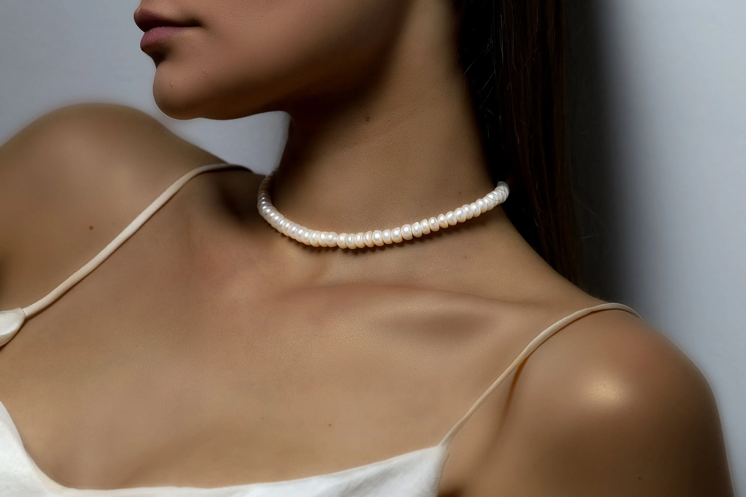 AA Grade Freshwater Rondelle Shaped Pearl Gold Necklace