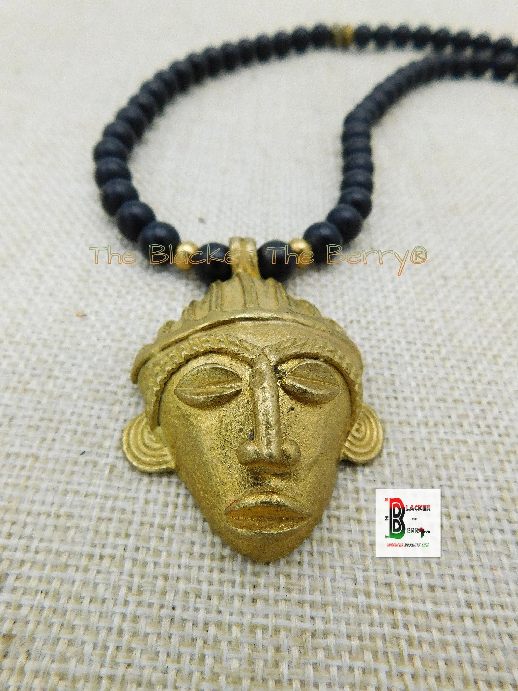 African Mask Necklace Black Brass Beaded Jewelry Black Owned