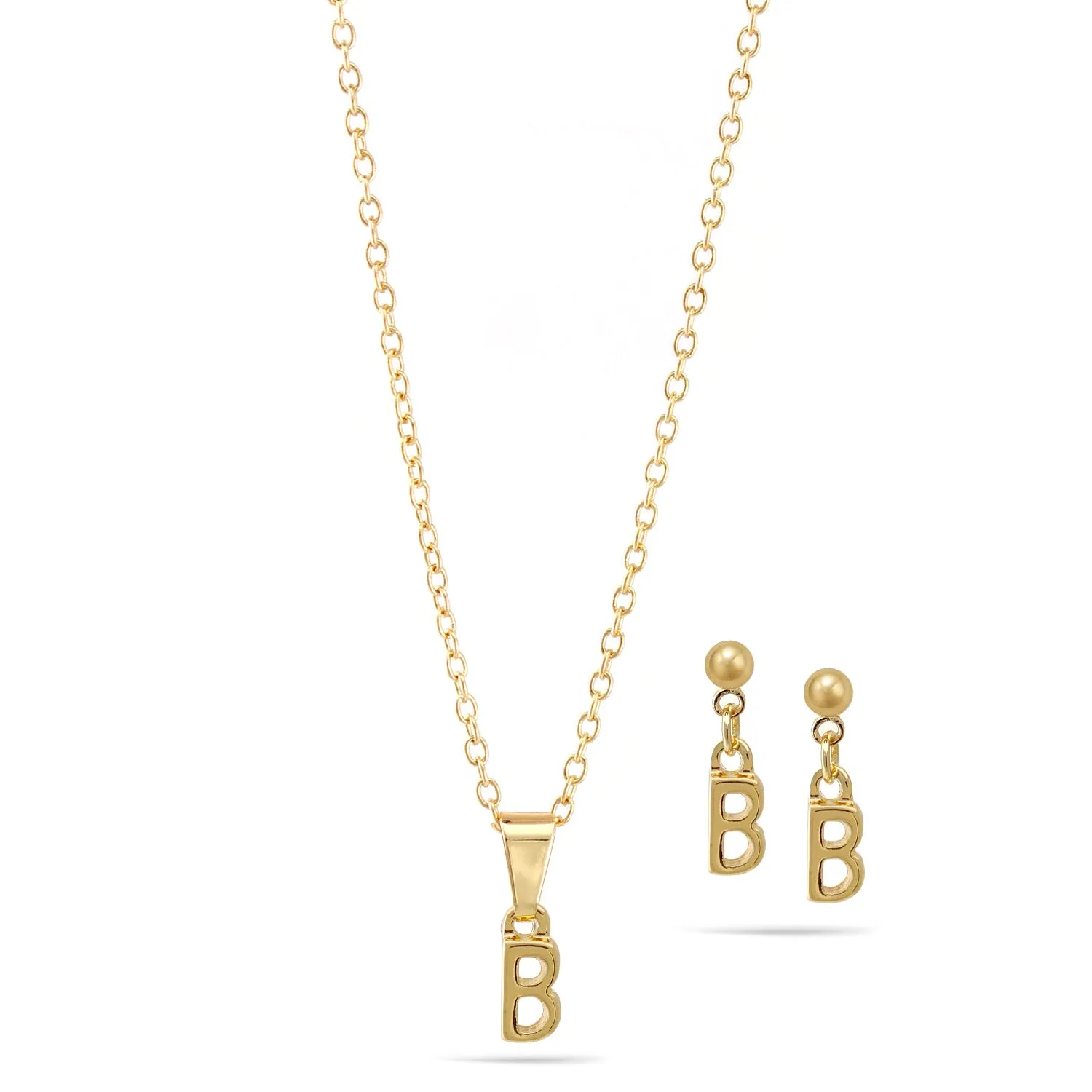 ALPHABET "B" GOLD SMALL PENDANT SHORT NECKLACE AND EARRINGS SET (TD5)