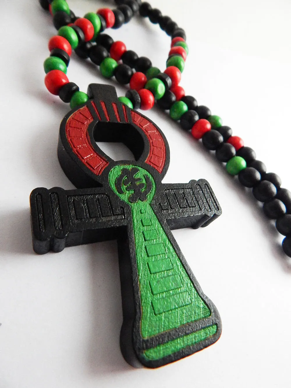 Ankh Necklace Men Large Pan African RBG Jewelry Egyptian Necklaces Red Black Green  Wood Beaded Ethnic Handmade Afrocentric