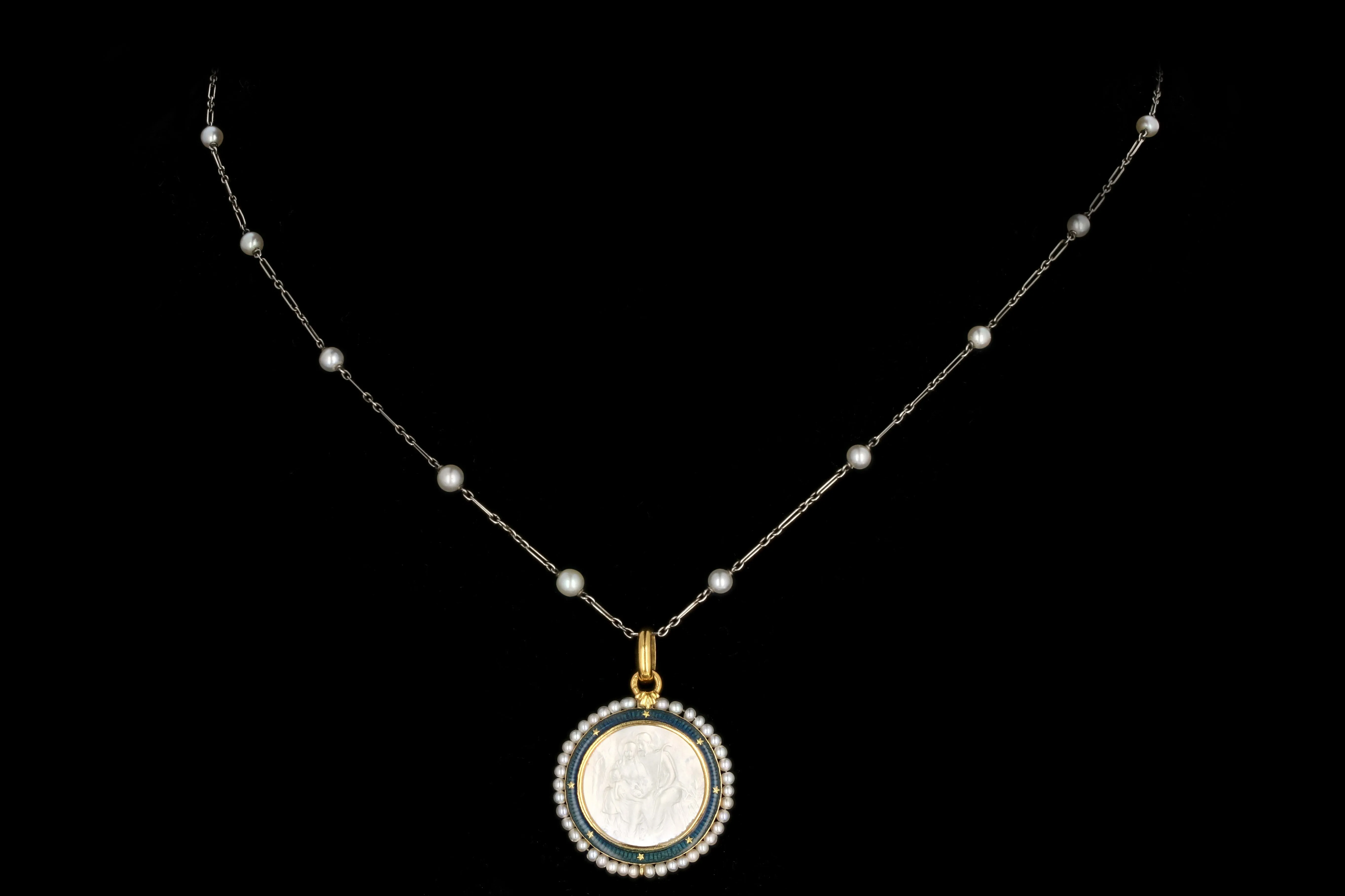 Antique English 18K Yellow Gold, Enamel, and Mother of Pearl Religious Pendant Necklace