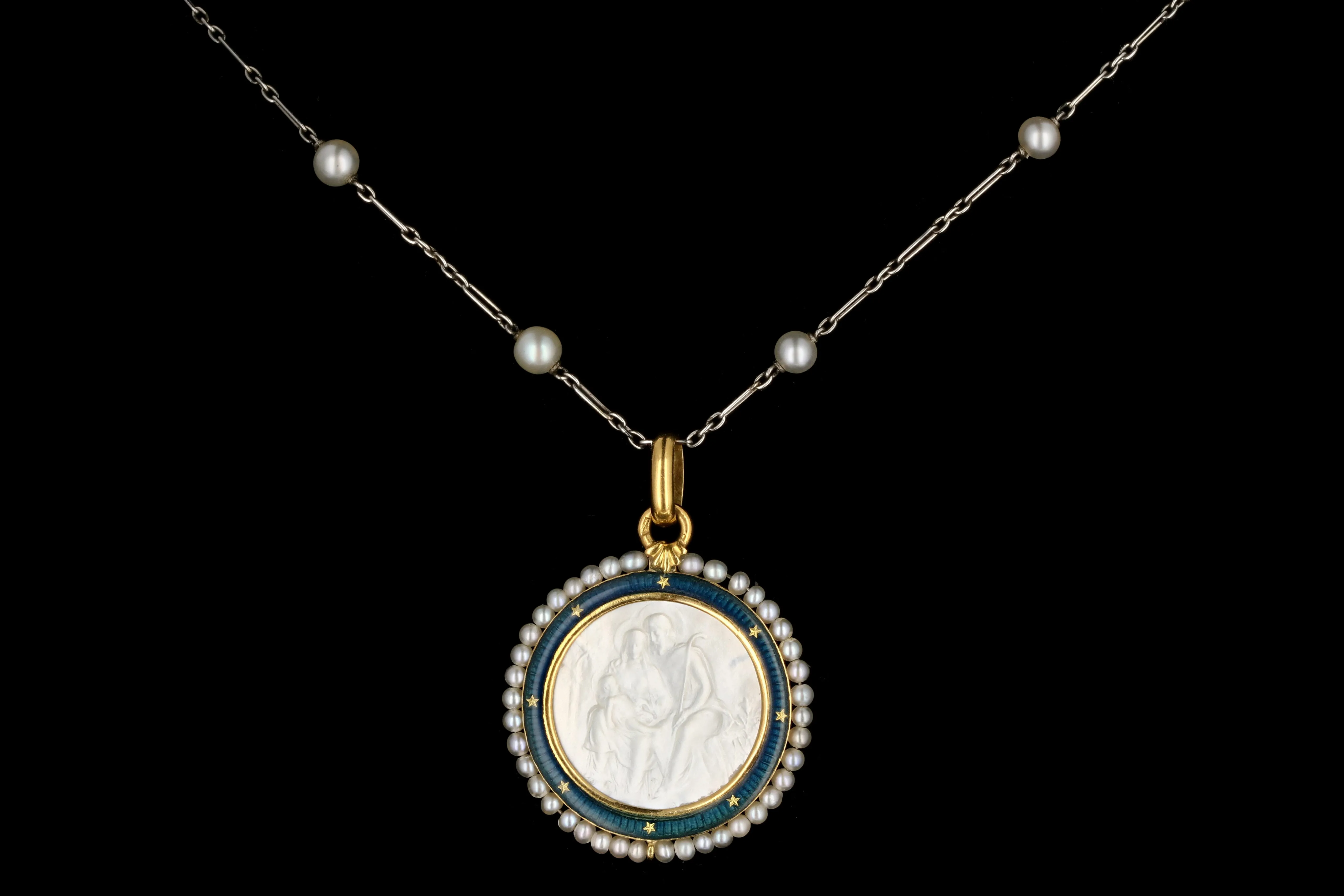 Antique English 18K Yellow Gold, Enamel, and Mother of Pearl Religious Pendant Necklace