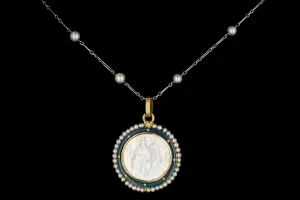 Antique English 18K Yellow Gold, Enamel, and Mother of Pearl Religious Pendant Necklace