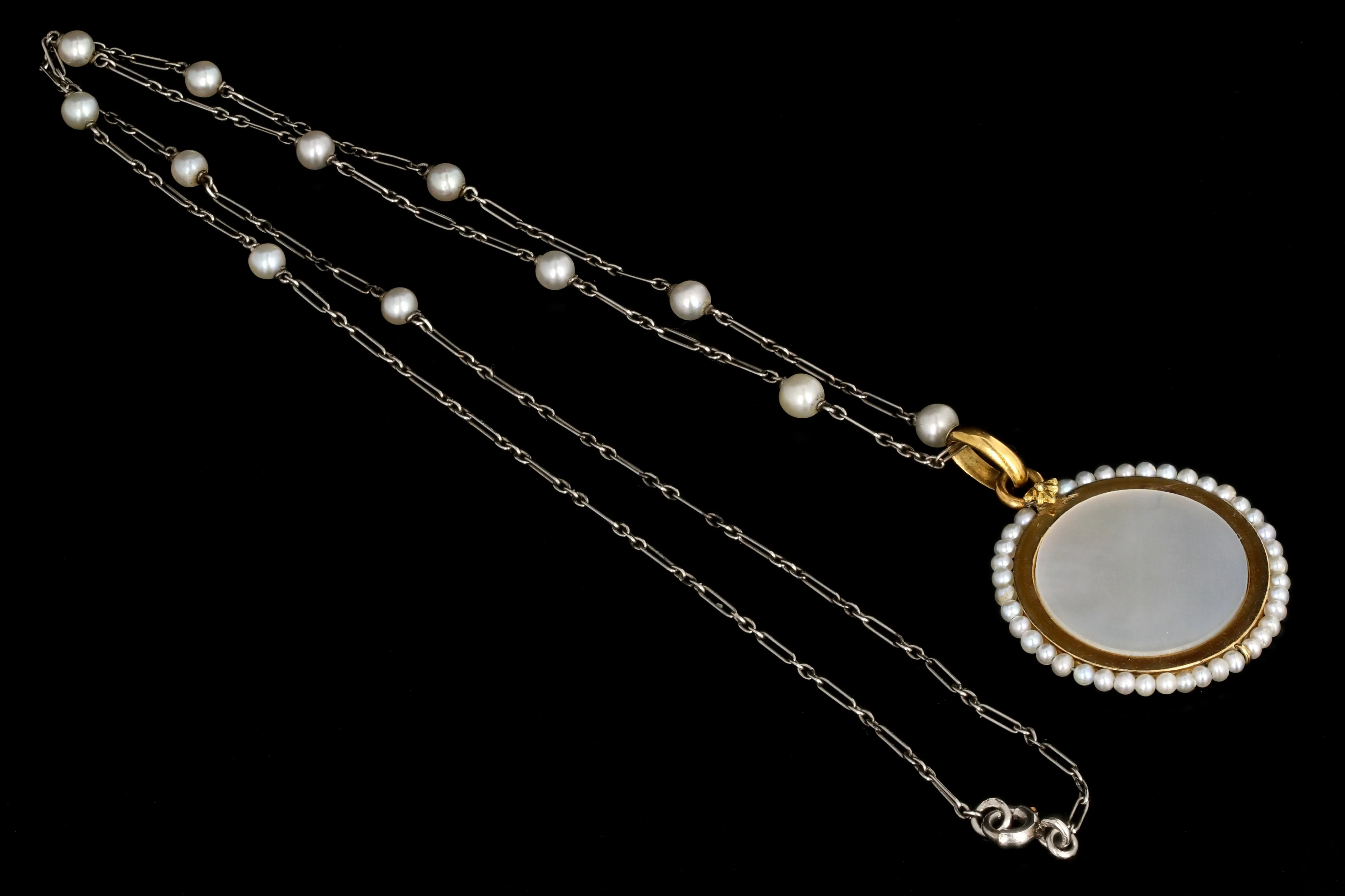 Antique English 18K Yellow Gold, Enamel, and Mother of Pearl Religious Pendant Necklace