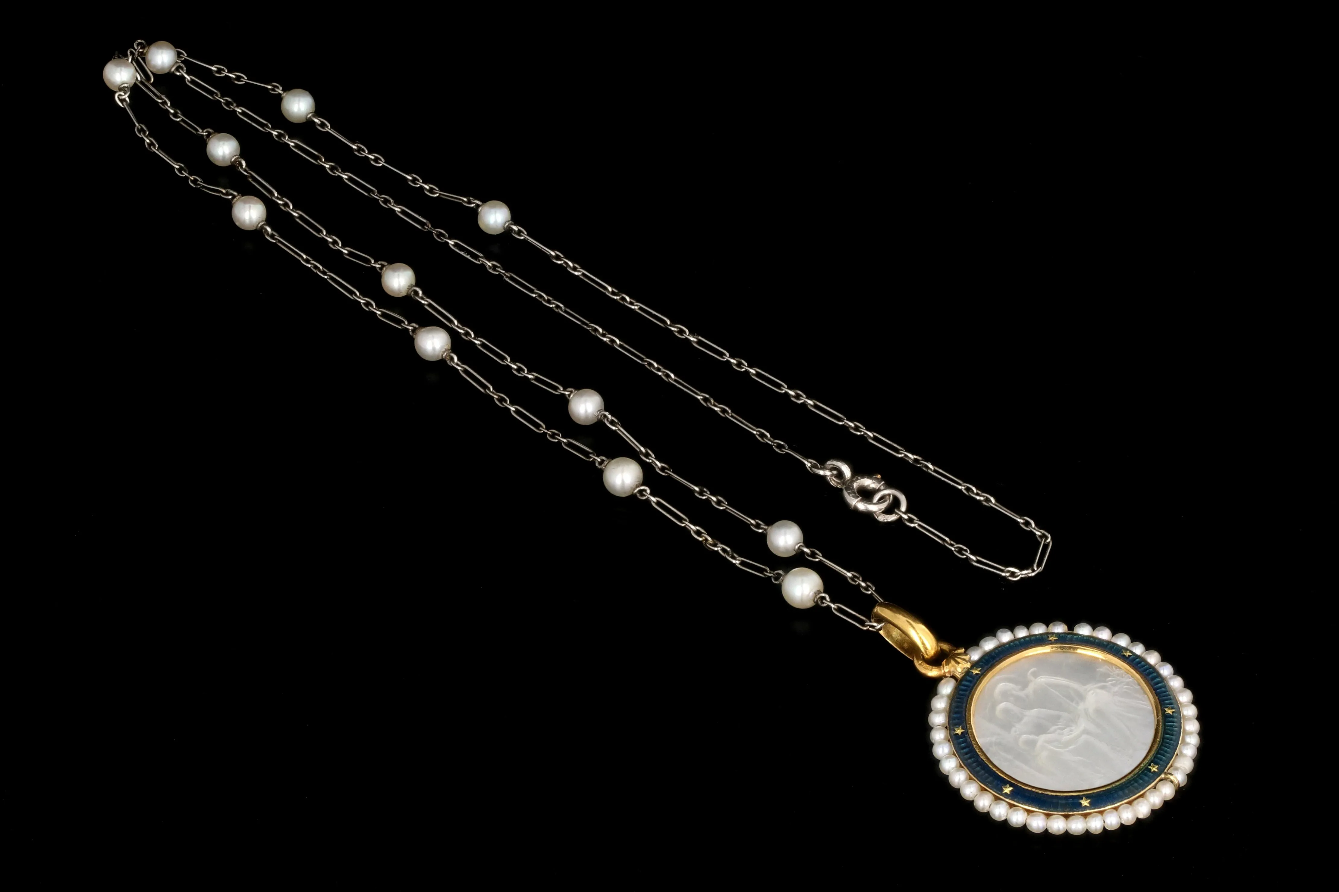 Antique English 18K Yellow Gold, Enamel, and Mother of Pearl Religious Pendant Necklace