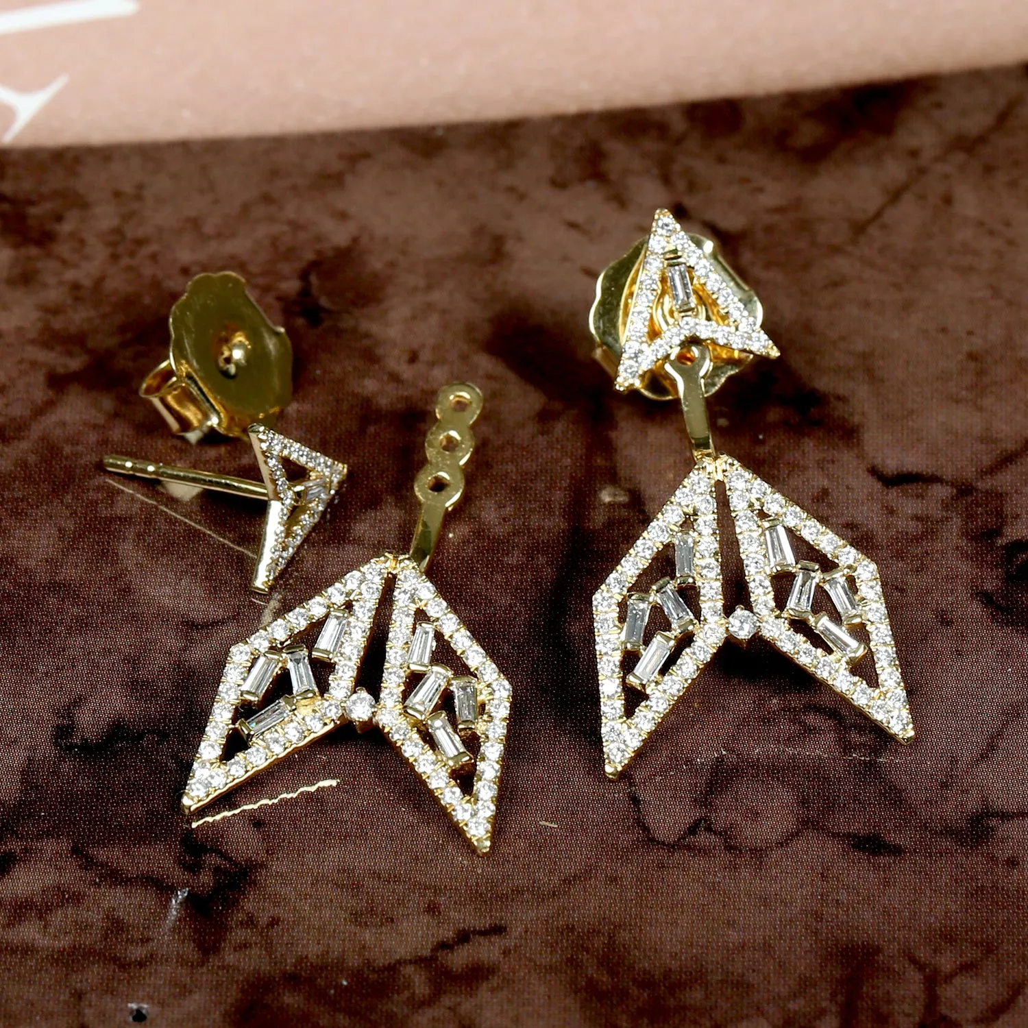 Baguette Diamond Ear Jacket Earrings 18K Yellow Gold Jewelry
