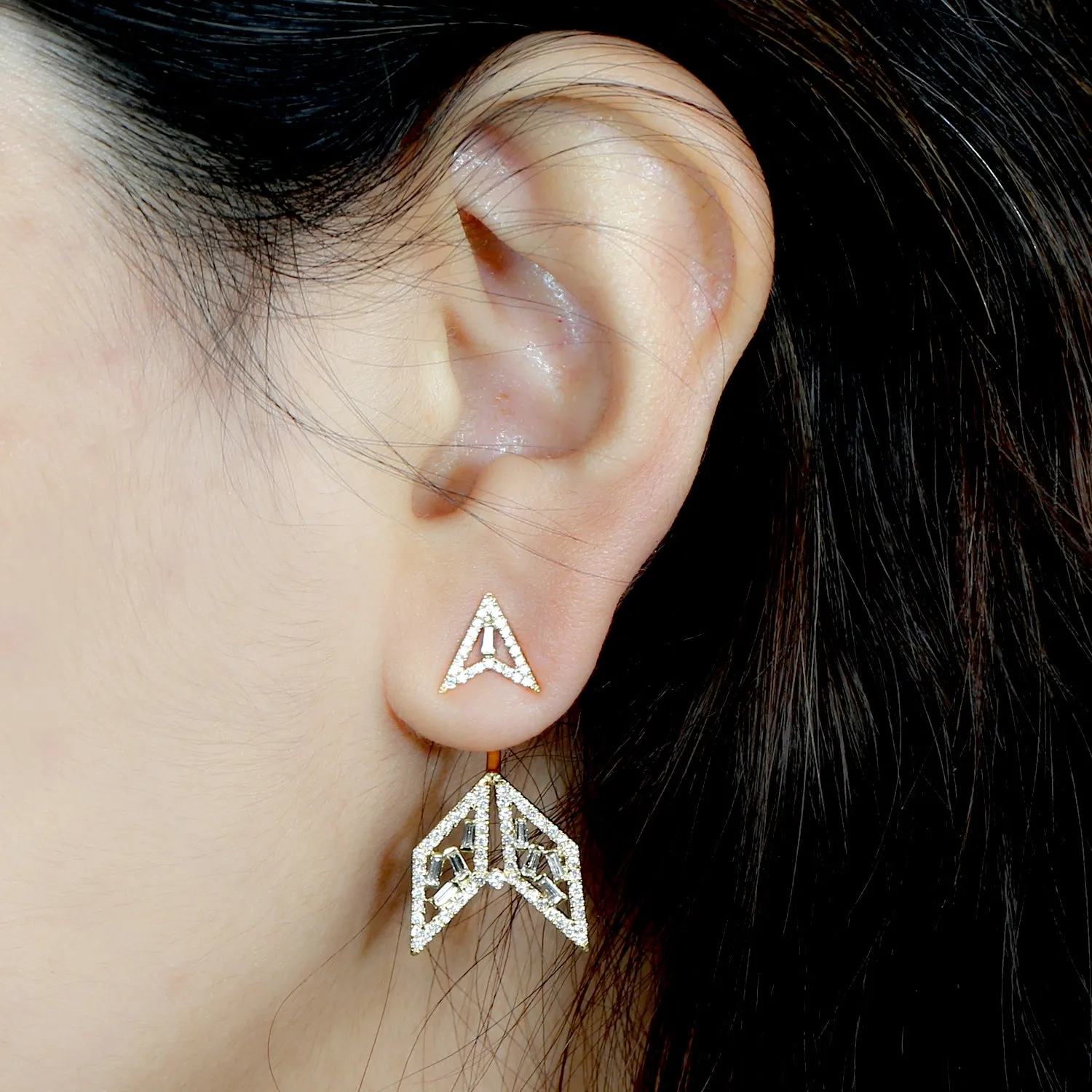 Baguette Diamond Ear Jacket Earrings 18K Yellow Gold Jewelry