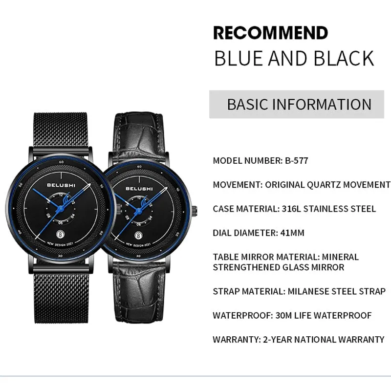 BELUSHI New Fashion Men Watches Top Brand Sport Clock Mens Waterproof Quartz Watch Men Casual Wrist Watch Relogio Masculino