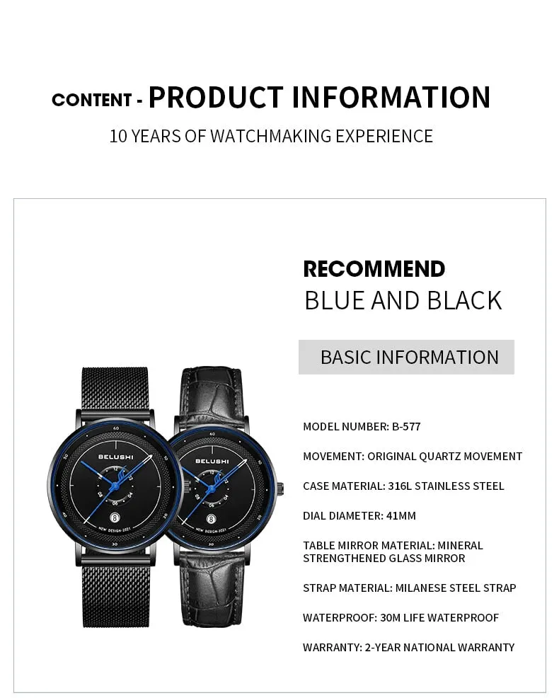 BELUSHI New Fashion Men Watches Top Brand Sport Clock Mens Waterproof Quartz Watch Men Casual Wrist Watch Relogio Masculino