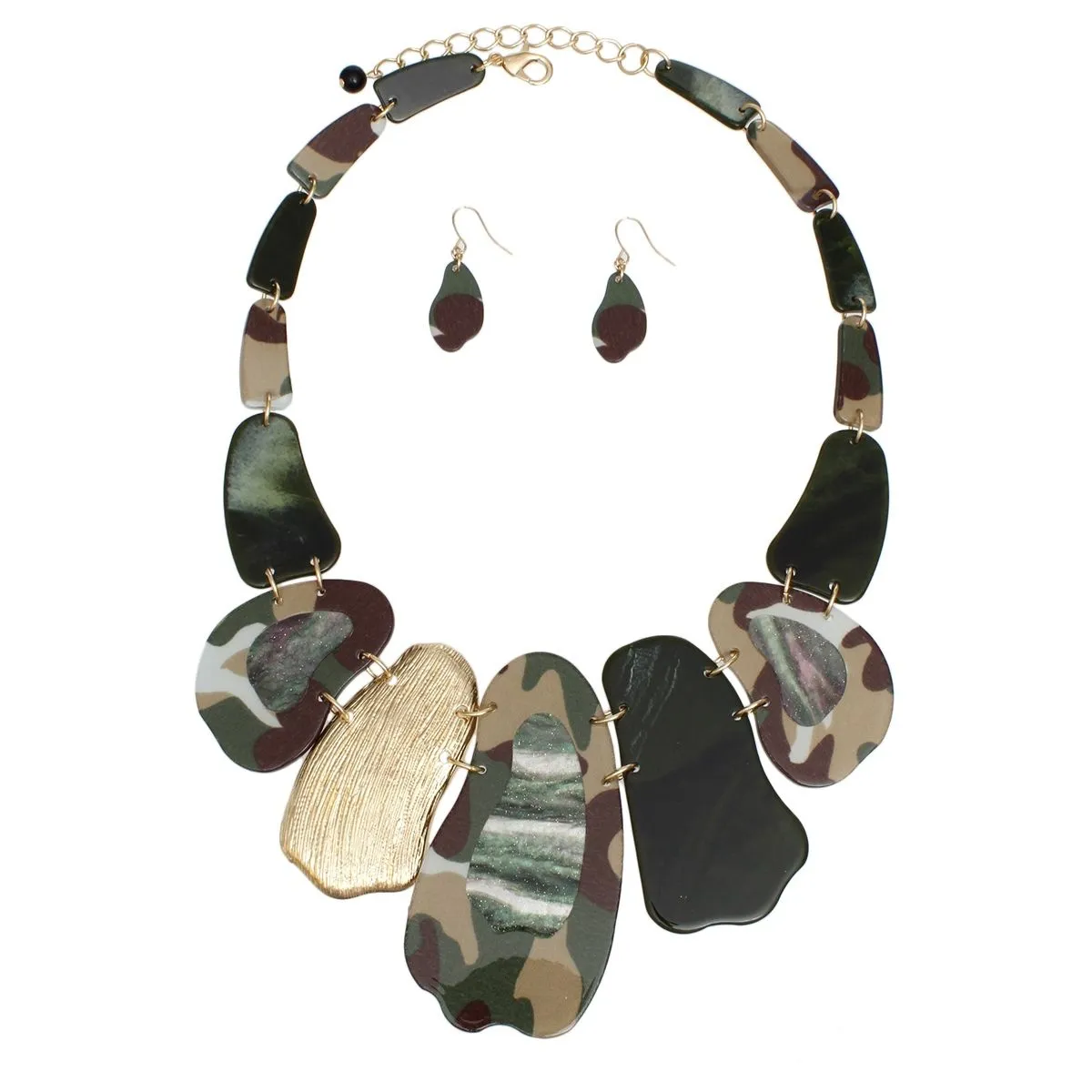 Bib Marbled Camo Green Link Necklace Set for Women