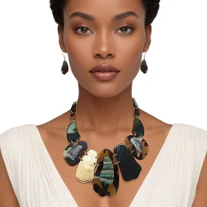 Bib Marbled Camo Green Link Necklace Set for Women