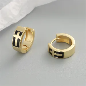 Black Enamel & 18K Gold-Plated Cross Huggie Earrings