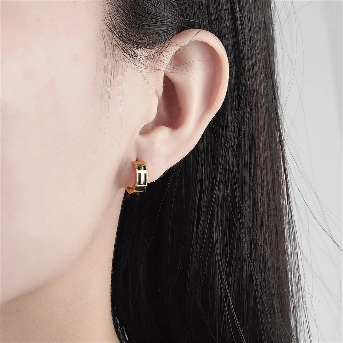 Black Enamel & 18K Gold-Plated Cross Huggie Earrings