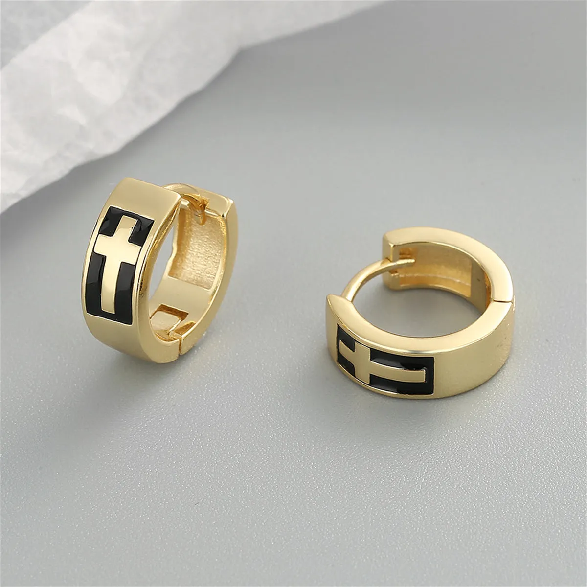 Black Enamel & 18K Gold-Plated Cross Huggie Earrings