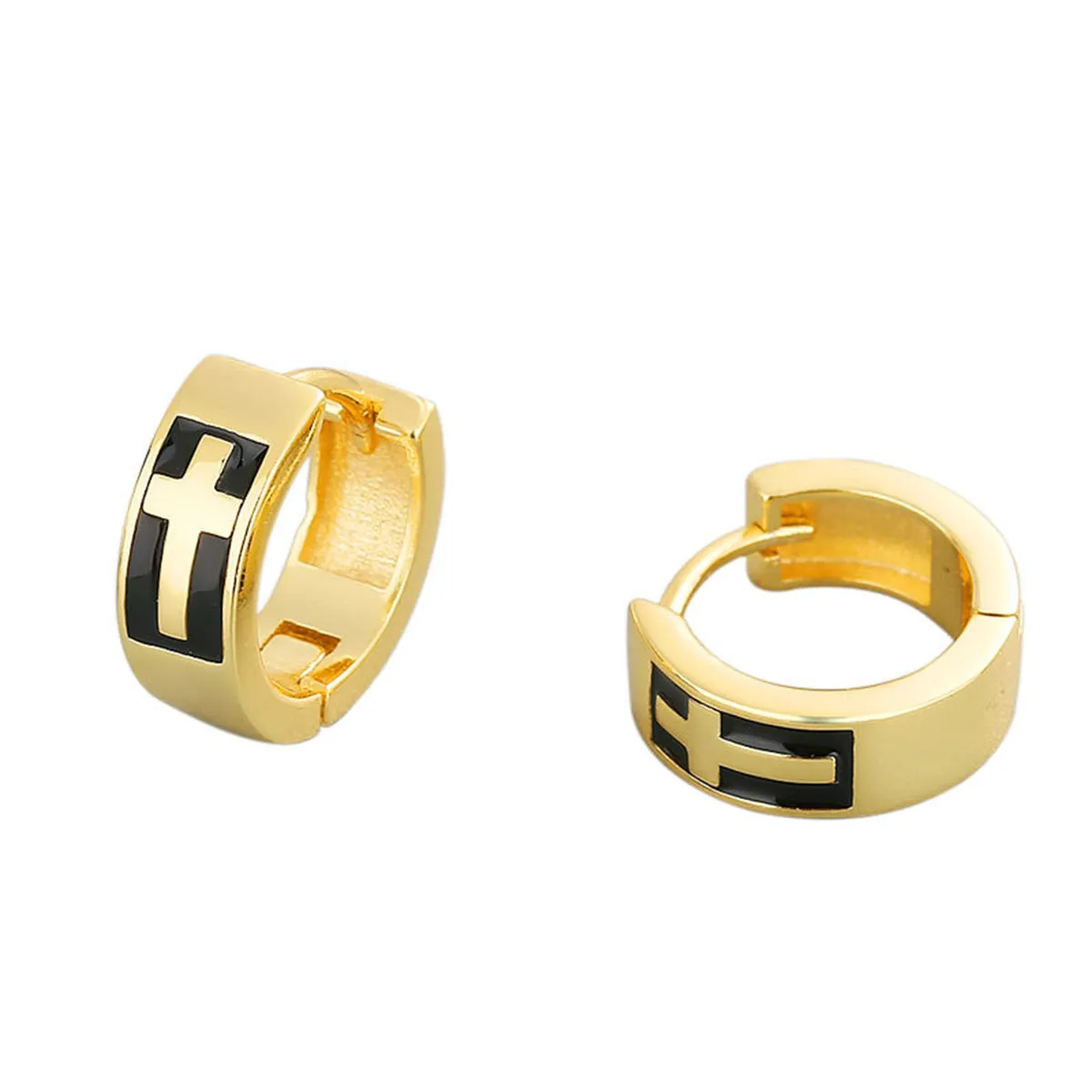 Black Enamel & 18K Gold-Plated Cross Huggie Earrings