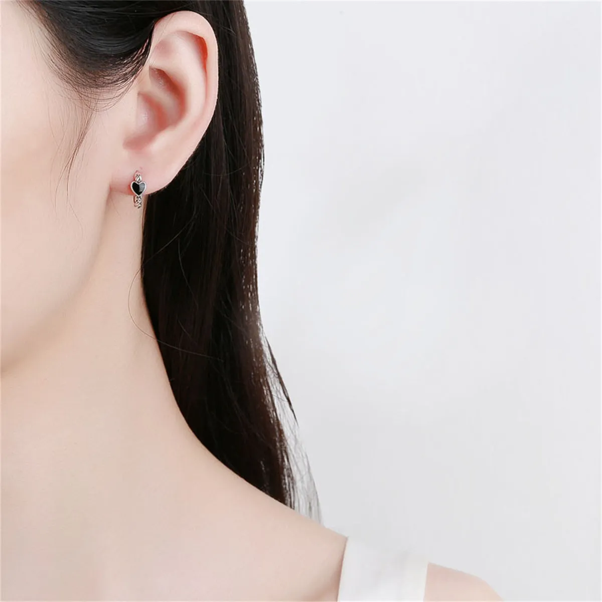 Black Enamel & Silver-Plated Heart Huggie Earrings