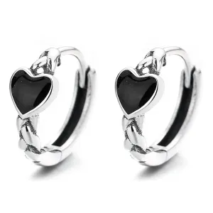 Black Enamel & Silver-Plated Heart Huggie Earrings