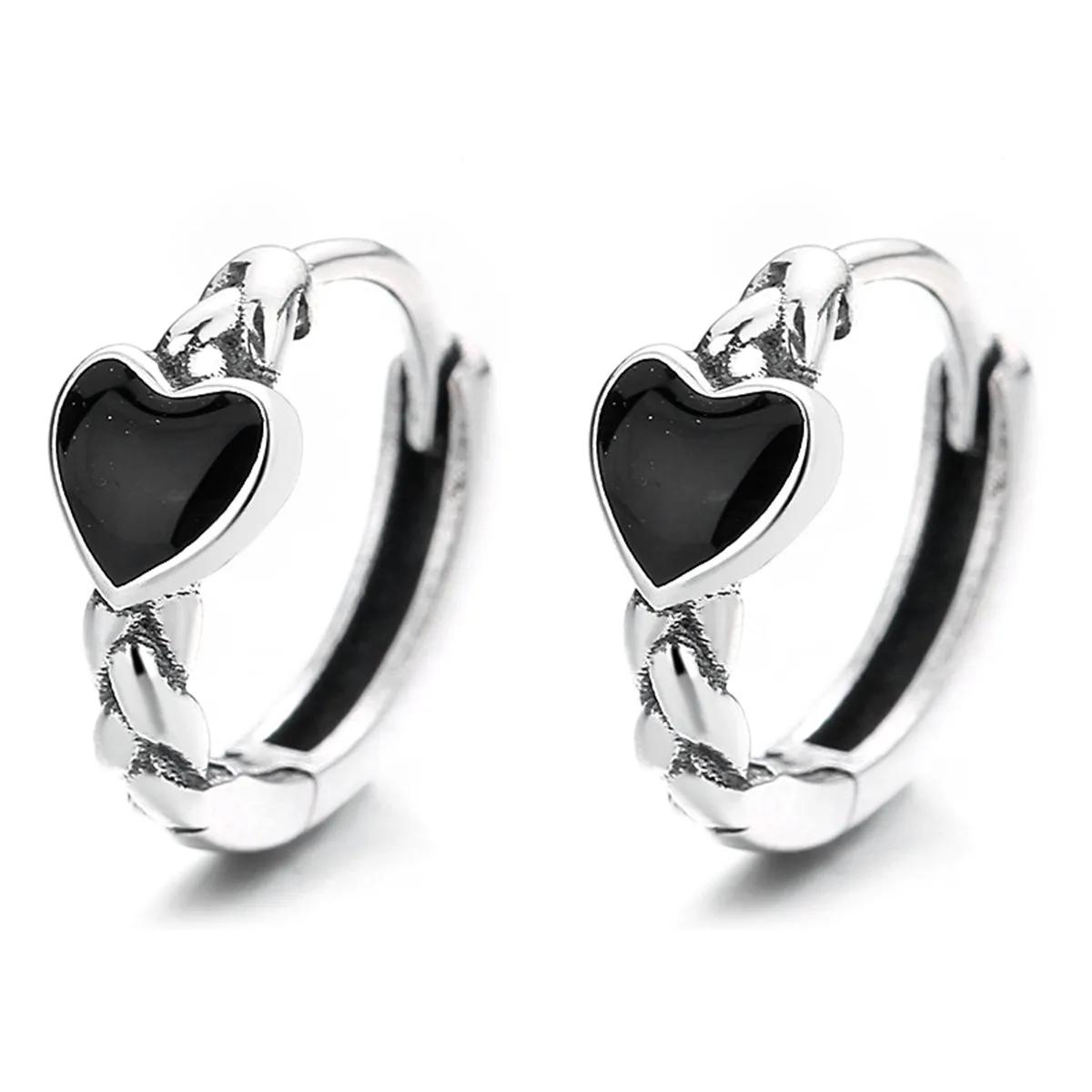 Black Enamel & Silver-Plated Heart Huggie Earrings